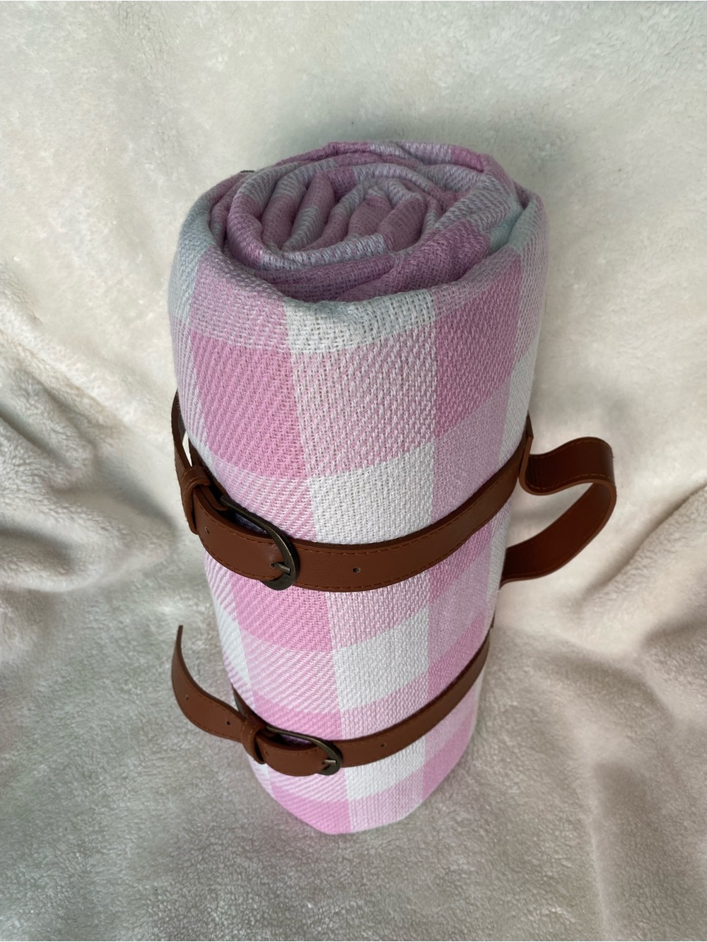 Plaid Pink and White Picnic Blanket with Brown Leather Carry Straps